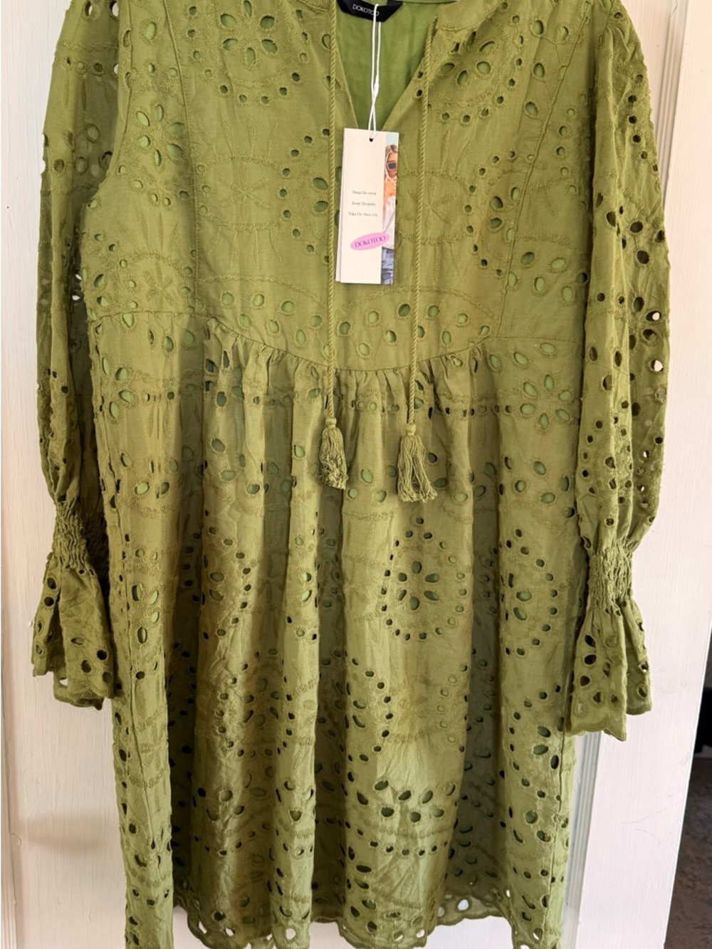 Boho Olive Eyelet Tassel Mini Dress - Picture 2 of 8